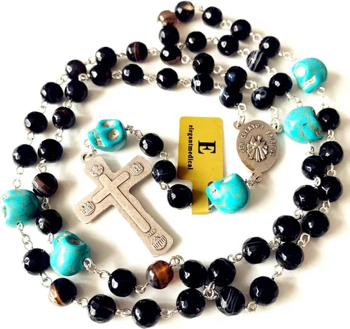 Vista 3 de elegantmedical Collar de regalo católico hecho a mano con cuentas de calaveras y ágata negra, rosario, cruz, crucifijo católico, regalo para hombre