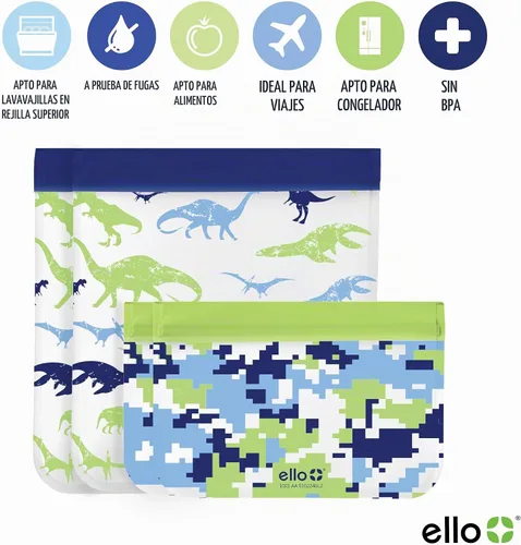 Vista 3 de Ello 4 Pack Reusable Food Storage Bags, Resealable BPA-Free, Food-Safe PEVA, Feezer Safe and Leak-Proof Dino/Camo