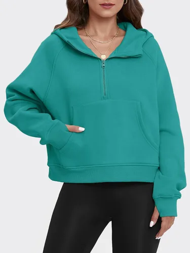 Vista 4 de ATHMILE Sudaderas cortas con capucha para mujer, media cremallera, forro polar, ropa de invierno, con cremallera de un cuarto