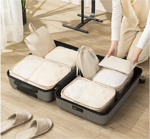 Vista 4 de Paquete de 8 cubos de embalaje para maletas, bolsa de almacenamiento de ropa y zapatos (beige)