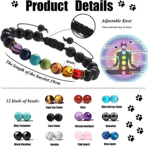 Vista 2 de Juego de 12 pulseras ajustables de piedras preciosas de 0.315 pulgadas para hombres y mujeres, unisex, cuentas curativas, ojo de tigre, amatista