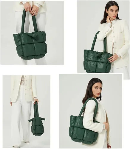 Vista 3 de Bolsa de mano acolchada para mujer, bolsa acolchada ligera de invierno, de algodón, acolchada, bolsa de hombro acolchada