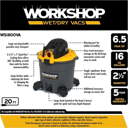 Vista 3 de Taller Wet Dry Vac ws1600va alta capacidad Wet Dry Vacuum Cleaner, 16-Gallon tienda Vacuum Cleaner, 6,5 Pico HP aspiradora en húmedo y seco