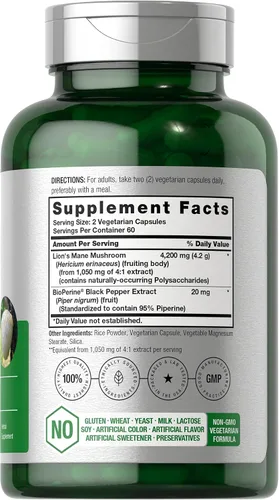 Vista 2 de Horbäach extracto de hongo melena de león 4200mg 120 cápsulas suplemento vegetariano, no transgénico, sin gluten