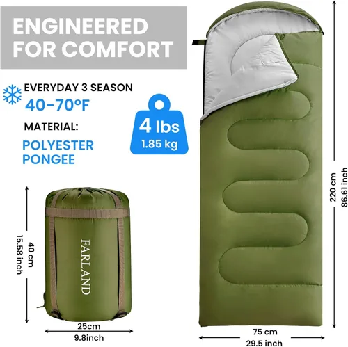 Vista 2 de FARLAND Sacos de dormir de 30 ℉ para adultos, adolescentes y niños con saco de compresión portátil y ligero para campamento de 3 a 4 estaciones