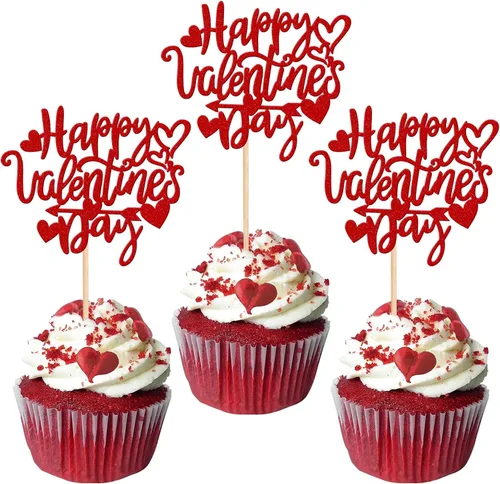 Vista 12 de Rsstarxi Paquete de 24 adornos para cupcakes para el día de San Valentín, con purpurina roja, dulce amor, para cupcakes, decoración de San Valentín