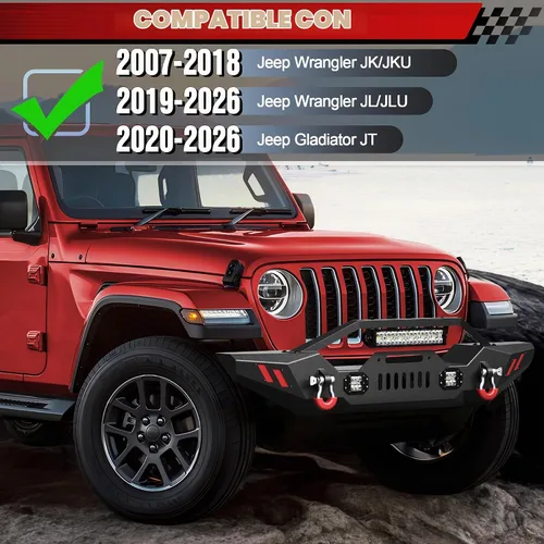 Vista 2 de Parachoques delantero compatible con Jeep Wrangler JK JL y Gladiator JT 2007-2025, parachoques de ancho completo todoterreno con placa