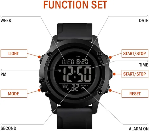 Vista 6 de Reloj digital deportivo para hombre, esfera grande, impermeable, con cronómetro, alarma, luz LED trasera