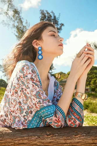 Vista 3 de SELFWIMG Aretes largos de ratán bohemios con triple girasol para mujeres y niñas