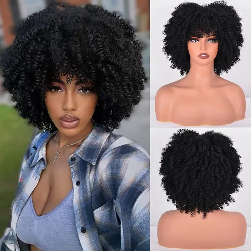 Vista 11 de Vitorish Peluca corta afro rizada con flequillo para mujeres negras, peluca sintética resistente al calor, color negro natural, para uso diario