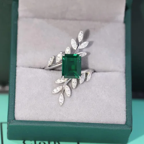 Vista 2 de MayaRuth Anillo cruzado único de plata de ley 925 con piedras preciosas de esmeralda creadas y simuladas, hoja de plumas de cóctel, vintage, largo