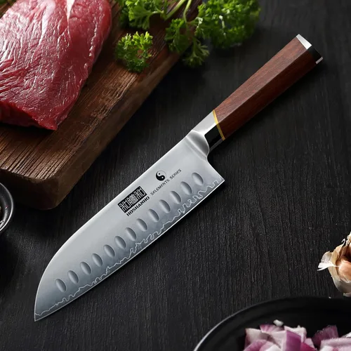 Vista 6 de HOSHANHO Cuchillo Santoku de 7 pulgadas, cuchillo de chef profesional japonés de acero de alto carbono, cuchillo de cocina afilado con mango