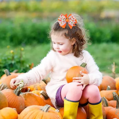 Vista 4 de Pinzas de lazo para el pelo de pavo de Acción de Gracias para niñas, calabaza naranja, moño, cocodrilo, pasadores, pasadores para el día de gracias
