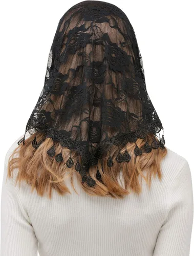 Vista 4 de PAMOR Mass Veil Triangle Mantilla Cathedral Head Cover Chapel Velo Encaje Chal Bufanda Latina