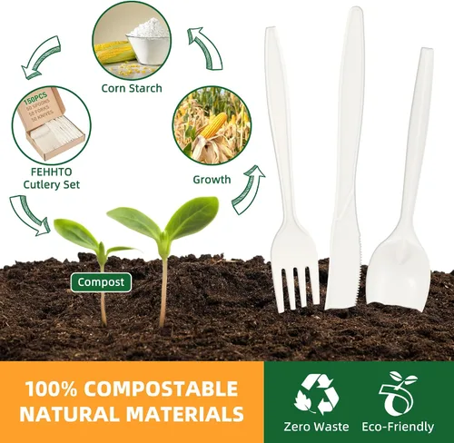 Vista 3 de Juego de cubiertos 100% compostables, 150 piezas (50 tenedores, 50 cucharas, 50 cuchillos) utensilios desechables de almidón de maíz resistentes