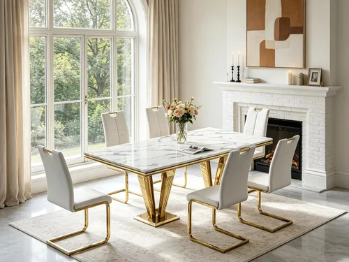 Vista 28 de 5 Piece Black Marble Dining Table Set for 4, Modern Faux Marble Kitchen Dining Room Tables with 4 Leather Chairs Set, 68.11" Luxury Rectangular