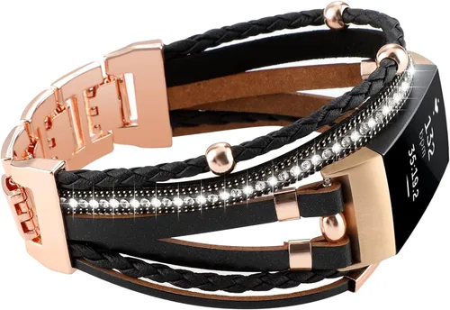 Vista 9 de Elegante correa de cuero compatible con Fitbit Charge 4 Charge 3, pulseras bohemias para mujer, pulseras de joyería multicapa de repuesto para Negro