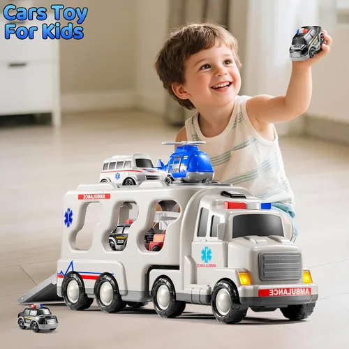 Vista 5 de Juego de Juguetes de Ambulancia para Niños Pequeños de 1-3 y 3-5 años, Juego de Camión Transportador con Coches de Juguete, Luz y Sonido, Juguetes