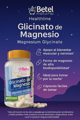 Vista 4 de Premium Glicinato de Magnesio por Betel Natural - 1500 mg Puro sin Rellenos - Apoyo Muscular y Nervioso - Glicinato de magnesio 1500 mg puro sin