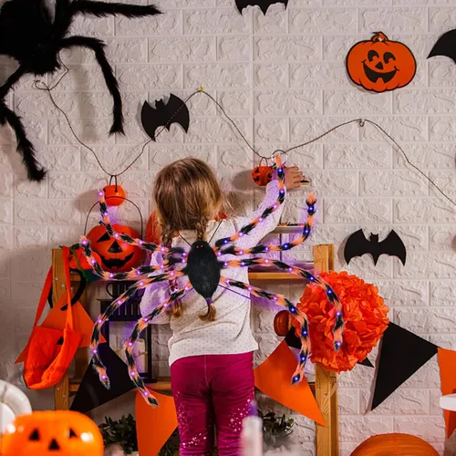 Vista 7 de Disfraz de araña de Halloween para niños y adultos, mochila de caramelo de araña de 64 LED, divertido disfraz de araña de felpa con luces