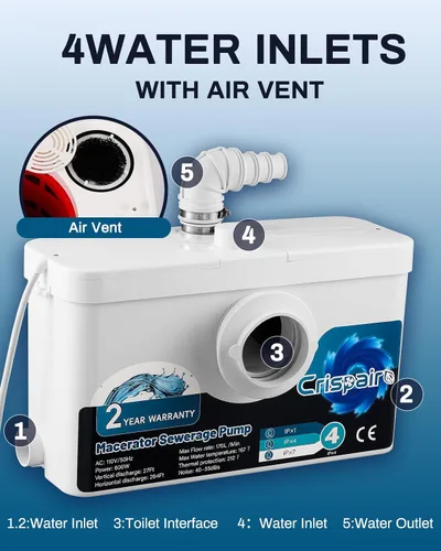 Vista 4 de Bomba de alcantarillado macerador de 600 W - 33 pies/328 pies, flujo de 170 L/minuto para inodoro de sótano, fregadero, ducha, cocina, lavandería, 4