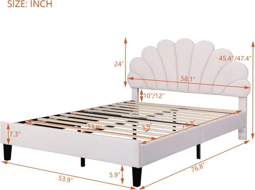 Vista 2 de Cama de plataforma tapizada de tamaño matrimonial con cabecera de terciopelo, no necesita somier, color beige