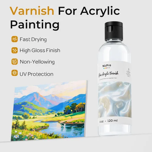Vista 4 de Nicpro Barniz Brillante para Pintura Acrílica 4oz, Sin Amarilleamiento, No Tóxico, Anti-Agrietamiento, Barniz Acrílico Transparente para Artistas