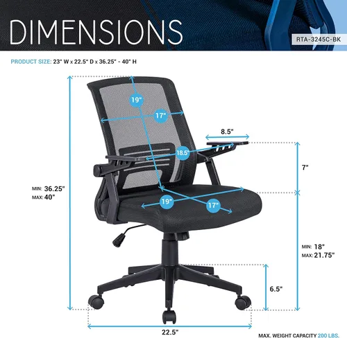 Vista 3 de Techni Mobili, Silla ergonómica negra de malla de oficina Mid-back office chair, lumbar support, breathable mesh back, height adjustable, flip-up