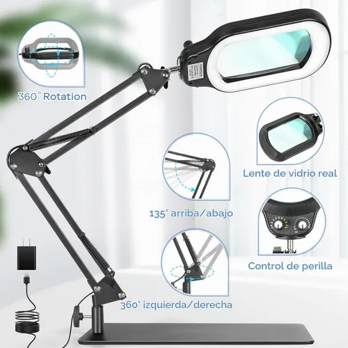 Vista 7 de Lupa rectangular 10X con luz y soporte, lupa iluminada de cristal real, manos libres, perilla mecánica, 5 modos de color, regulable sin escalones