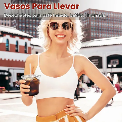 Vista 6 de Juego de 50 tazas de café de plástico transparente de 12 onzas con tapas y pajitas