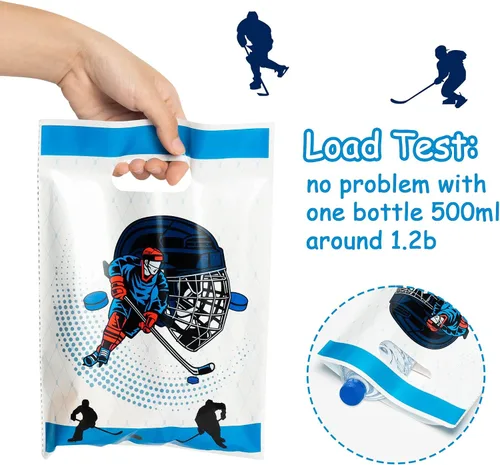 Vista 6 de 50 bolsas de plástico para recuerdos de fiesta de hockey, linda bolsa de regalo con asas con temática de hockey para niños, suministros