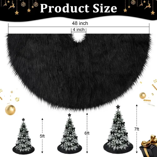 Vista 6 de Yuboo - Falda de árbol de Navidad negra, falda de árbol de 48 pulgadas grande y esponjosa de piel sintética, adornos y decoraciones de Navidad