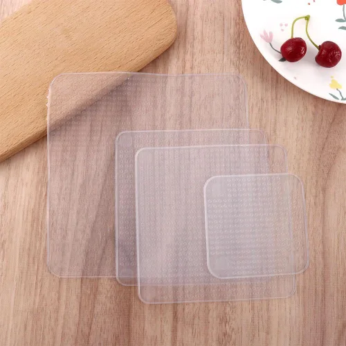 Vista 3 de Pokinge 4 fundas para contenedores de alimentos, tapas elásticas de silicona transparente, reutilizables, para microondas, 3 tamaños, cubierta