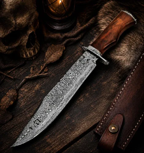 Vista 3 de Cuchillo de caza hecho a mano de acero de Damasco de 15 pulgadas, cuchillo de hoja fija con mango de palisandro y funda de cuero, supervivencia