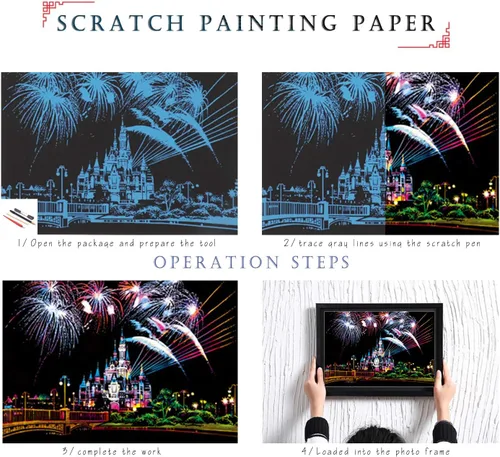 Vista 3 de Postales artísticas de pintura de arco iris, arte para rascar y bosquejar para niños y adultos, pintura para raspar, regalo creativo, grabado