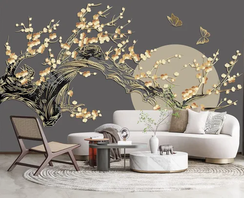 Vista 9 de Papel pintado 3D de flores doradas en relieve para dormitorio, 103 x 69 pulgadas