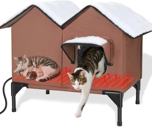 Vista 11 de Casa climatizada para gatos en invierno exterior, casa para gatos climatizada extra grande, resistente a la intemperie, cama elevada, puerta