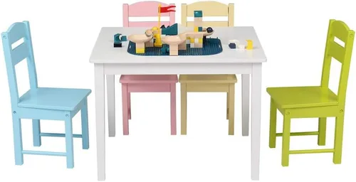 Vista 5 de Juego de mesa y 4 sillas de madera para niños, juegos de mesa de actividades para niños pequeños para dibujar lectura arte sala de juegos, muebles