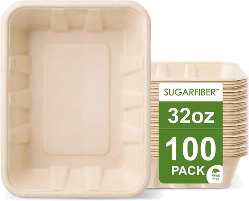 Vista 9 de 100 unidades Harvest Pack 22 oz Bandejas de comida compostables, 21.56 cm x 16.38 cm x 3.3 cm Contenedor de comida desechable LIBRE de PFAS, platos