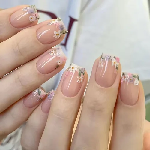 Vista 43 de Uñas postizas cortas cuadradas MABKJLF, uñas francesas falsas con gradiente, uñas de cobertura completa, flores blancas, uñas falsas con diseños