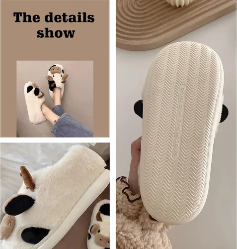 Vista 2 de Reedcore Pantuflas de vaca para mujer, pantuflas de vaca para niñas, pantuflas de algodón de felpa mullida para el hogar, para interiores
