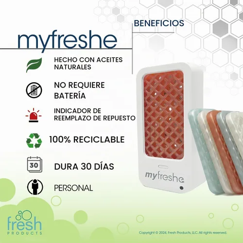 Vista 4 de Ambientador enchufable myfreshe de Fresh Products, libre de preocupaciones, sin calor, sin vidrio, fragancia seca, recambios para espacios pequeños