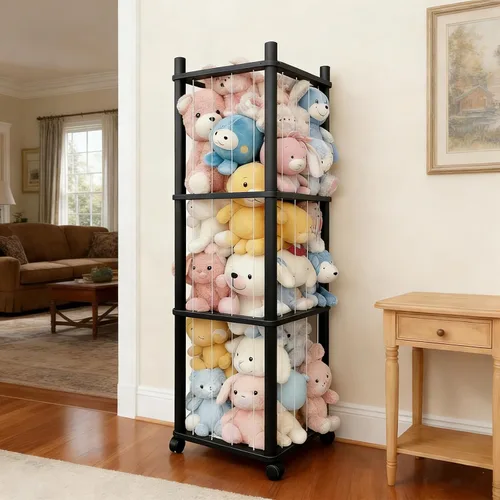 Vista 7 de Almacenamiento de madera para animales de peluche, organizador de juguetes de madera maciza resistente con ruedas bloqueables, fácil