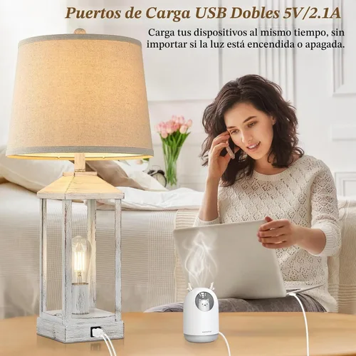 Vista 3 de Juego de 2 lámparas de mesa de granja de 28 pulgadas para sala de estar, lámpara de noche regulable de 3 vías con puertos USB, lámparas de mesa