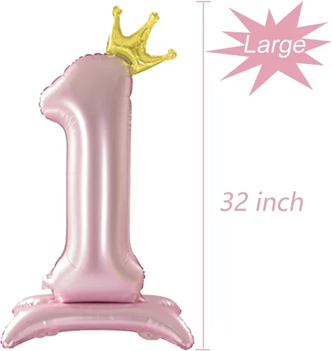 Vista 2 de Globo con Corona Rosa Número 1 de Tellpet con Base para Decoración de Fiesta de Primer Cumpleaños de Niñas