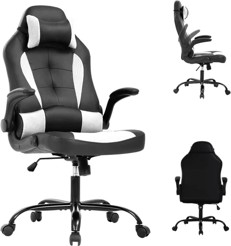 Vista 9 de Silla ergonómica para juegos con reposacabezas ajustable y soporte lumbar, cómoda silla de oficina de piel sintética con respaldo alto para adultos