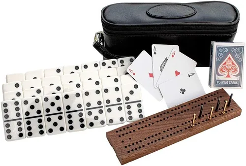 Vista 2 de Alex Cramer The Perfect Traveler Classic Domino Set con estuche de viaje de aspecto de cuero y una baraja de naipes en miniatura (juego de dominó)