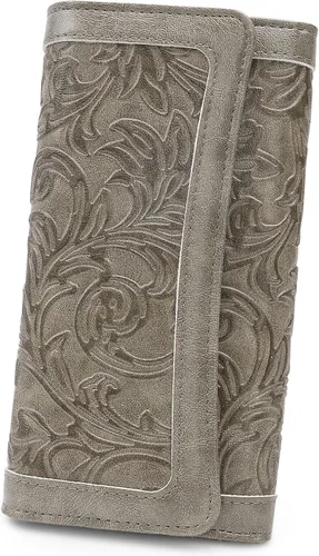 Vista 23 de MEITRUE Cartera de cuero para mujer, con bloqueo RFID, triple pliegue, con relieve, soporte para tarjetas, organizador de chequera para teléfono