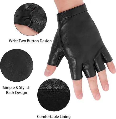 Vista 3 de OurHonor Guantes negros sin dedos para hombres y mujeres, guantes de cuero sintético de Halloween, medio dedo, para conducción, disfraz deportivo