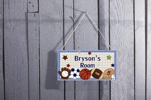 Vista 3 de Letrero de puerta personalizado para niños, diseño de fútbol, fútbol, béisbol, dormitorio, placa de madera, decoración de pared, regalo